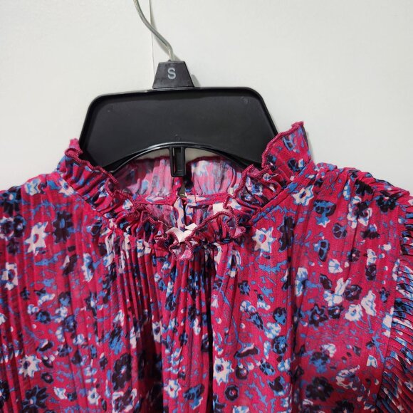 Anthropologie Frieda Sheer Pleated Short Sleeve Pink with Floral Blouse- Small - Picture 4 of 8